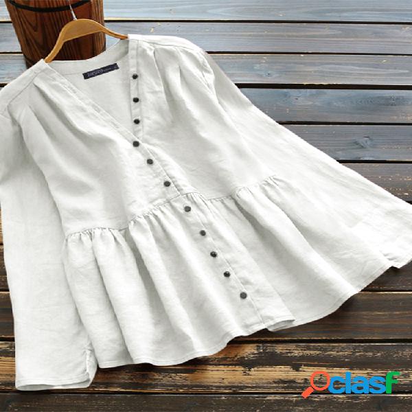 Botão irregular manga longa Plus blusa vintage tamanho