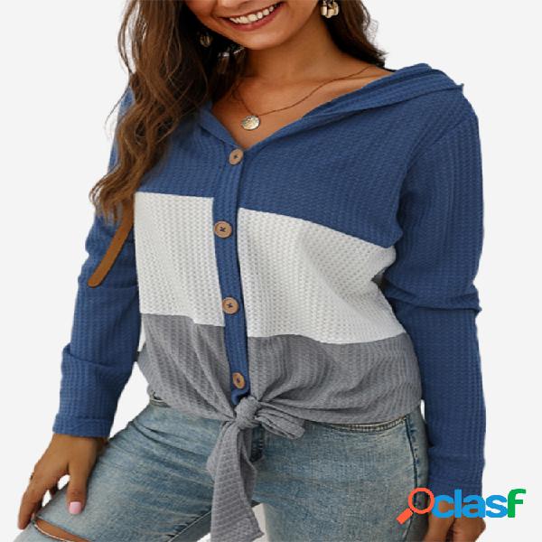 Cardigan de cor de contraste de bandagem de manga comprida