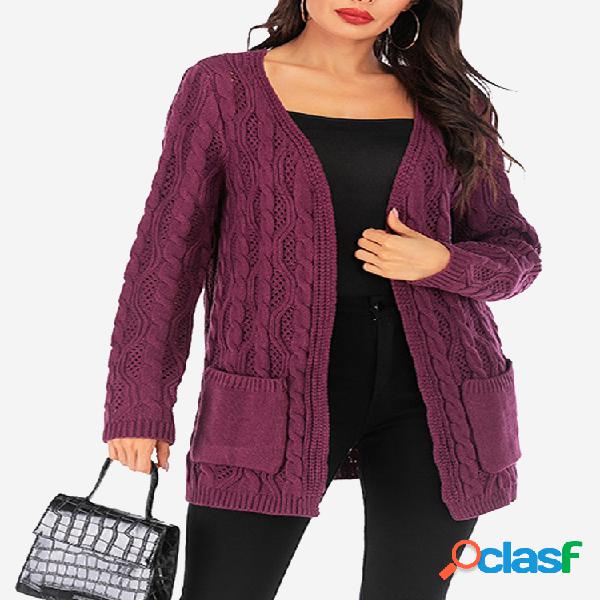 Cardigan de manga comprida casual de cor sólida para mulher