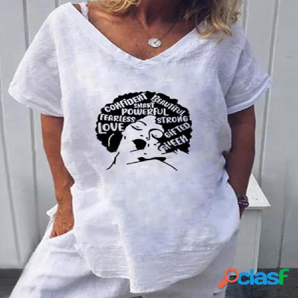 Carta impressa manga curta Casual T-shirt para as Mulheres