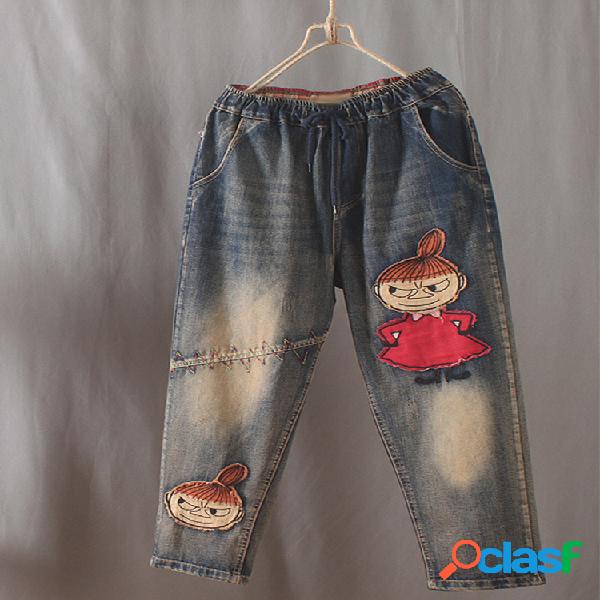 Cartoon Girl Patch Elastic Waist Jeans Para Mulheres