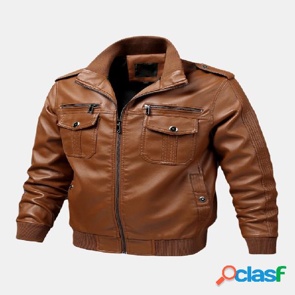 Casacos de couro para homens Moda Multi bolsos Manga