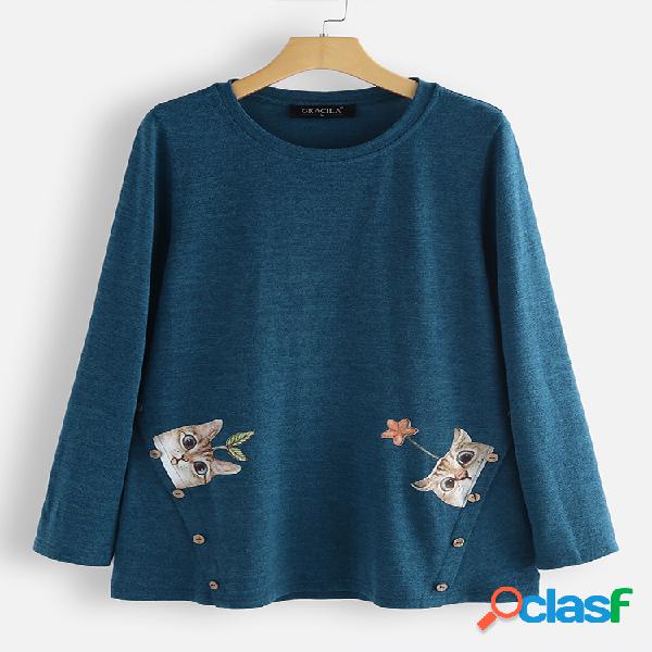 Casual Gatos engraçados Imprimir Side Button Crew Neck