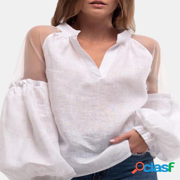 Casual Patchwork V-neck Plus Blusa de tamanho para mulheres