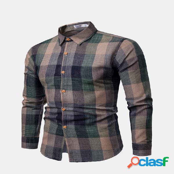 Casual Plaid Turn Down Collar Slim Fit Botão de manga longa