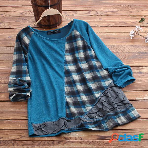 Casual Print Plaid Patchwork Plus Tamanho de malha T-shirt