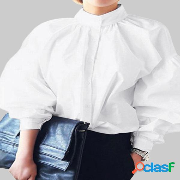 Casual Puff Sleeve Stand Collar Button Plus Tamanho Camisa