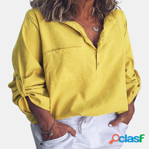 Casual Solid Color V-neck Plus Blusa de tamanho para