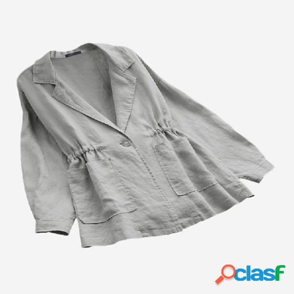 Casual cor sólida algodão manga comprida botão bolsos