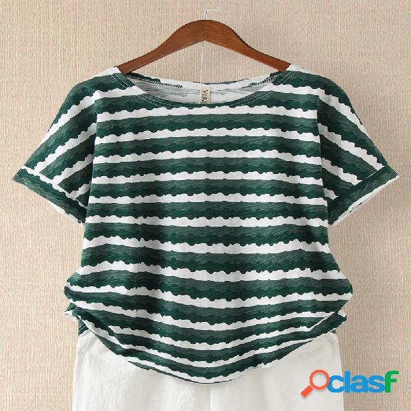 Casual listrado impressão solta o-pescoço curto t-shirt
