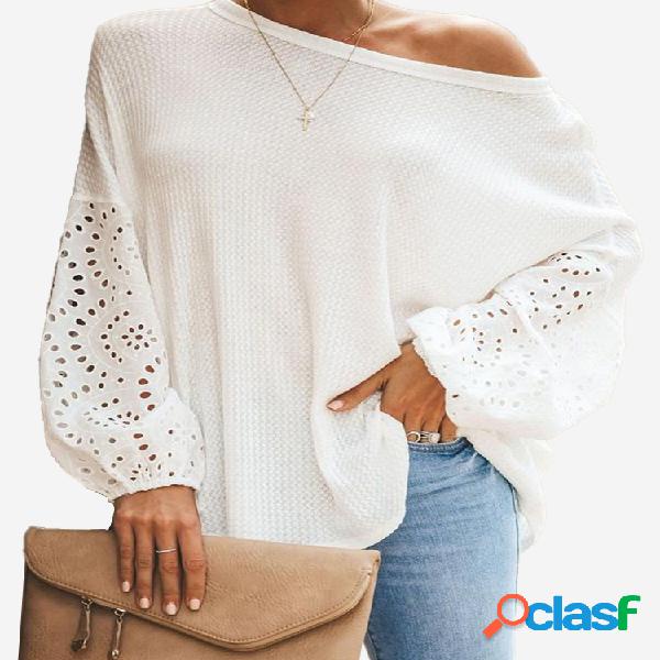 Casual oco Out Rib Knit Cuff manga comprida camisola de