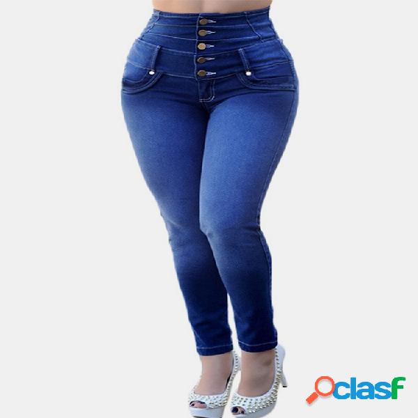 Cintura alta cor sólida elástico casual Jeans para