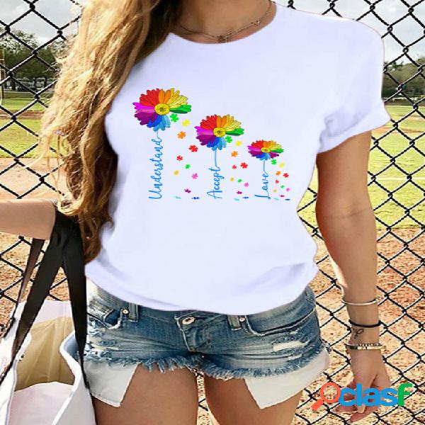 Colorful T-shirt de manga curta com estampa de flores para