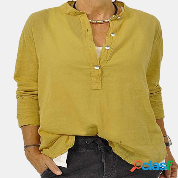 Cor sólida Botão Stand Collar Plus Tamanho Mulheres Camisa