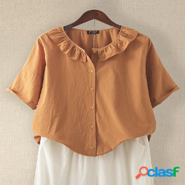 Cor sólida Ruffled Neck Button Down Blusa