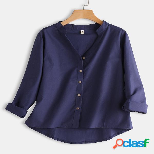 Cor sólida manga comprida blusa casual com decote em v para