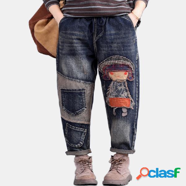 Cordão Cartoon Patchwork Casual Jeans para mulheres