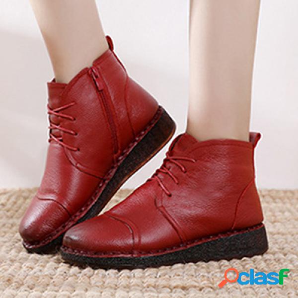 Couro Genuíno Lace Up Forro de pele quente Soft Botas
