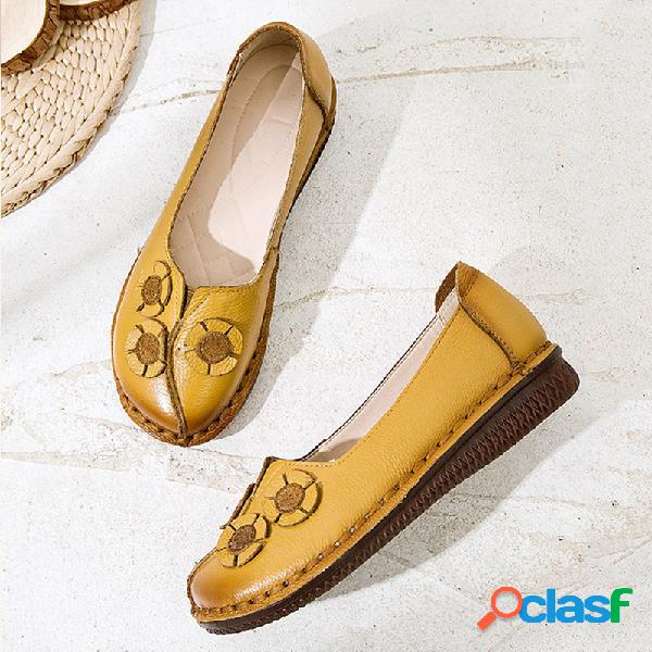 Couro Rodada Toe Stitching Slip On Plano Loafers