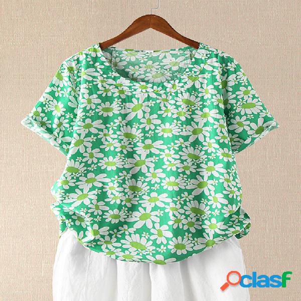 Daisy Floral Print manga curta 100% algodão Casual T-shirt