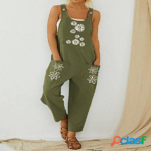 Daisy Flower Print Straps Pockets Jumpsuit Casual Para