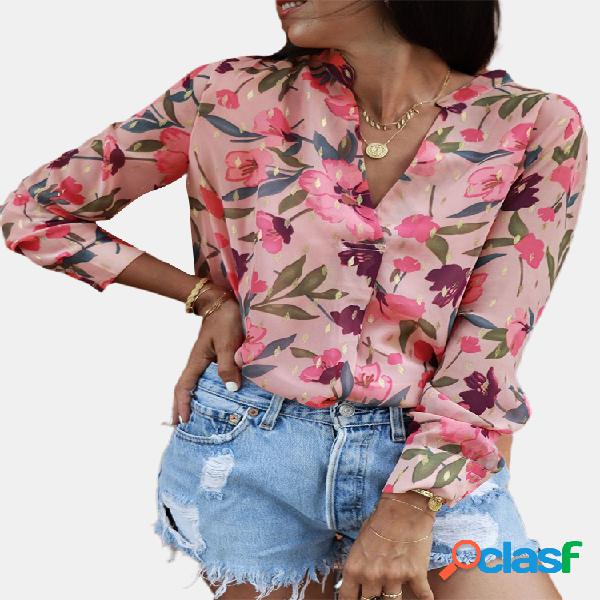 Decote em V Floral Print manga comprida Vintage Camisa Para