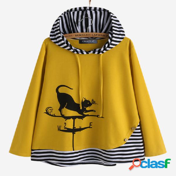 Desenhos animados Cat Stripe Patchwork Hoodie de manga