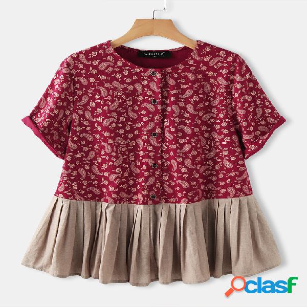 Floral Impresso manga curta Patchwork botão blusa