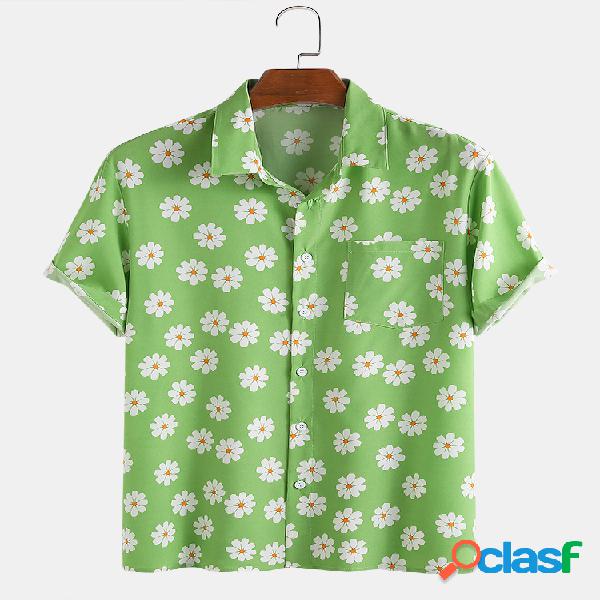 Floral Imprimir Peito Bolso Férias Casual Camisa