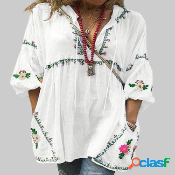 Flores Imprimir Decote em V Manga Bispo Plus Tamanho Blusa
