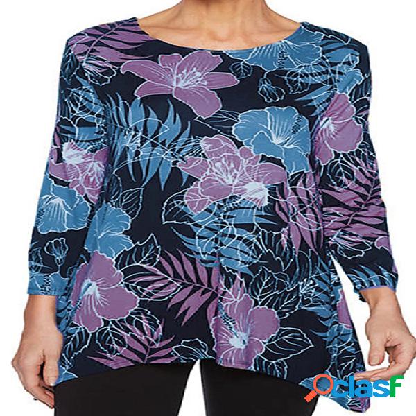 Flores Imprimir Gola manga comprida Plus Tamanho T-shirt