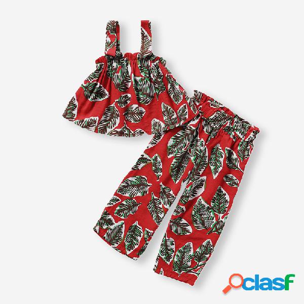 Folha Print Slip Tops + Pants Red Conjunto de roupa casual