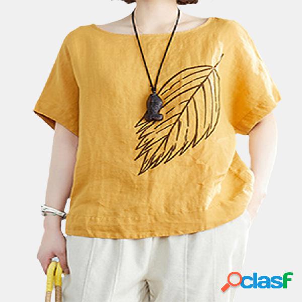 Folha T-shirt casual de mangas curtas bordadas com gola