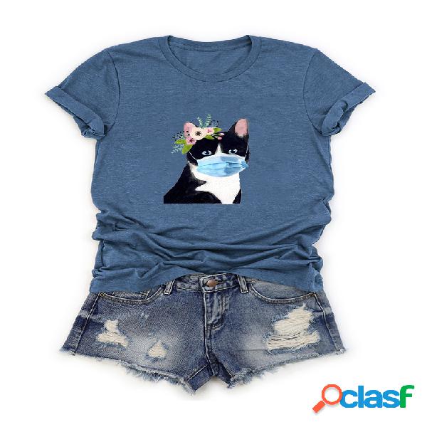 Gato de desenho animado floral Máscara camiseta de manga