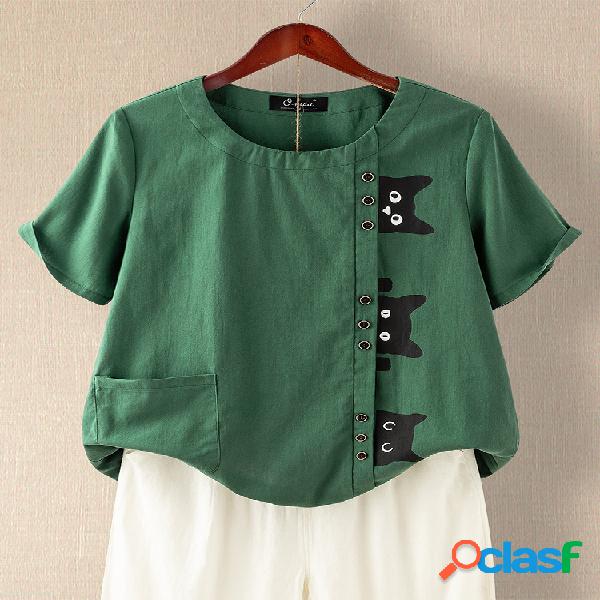 Gato impresso blusa de botão de cor sólida com bolso
