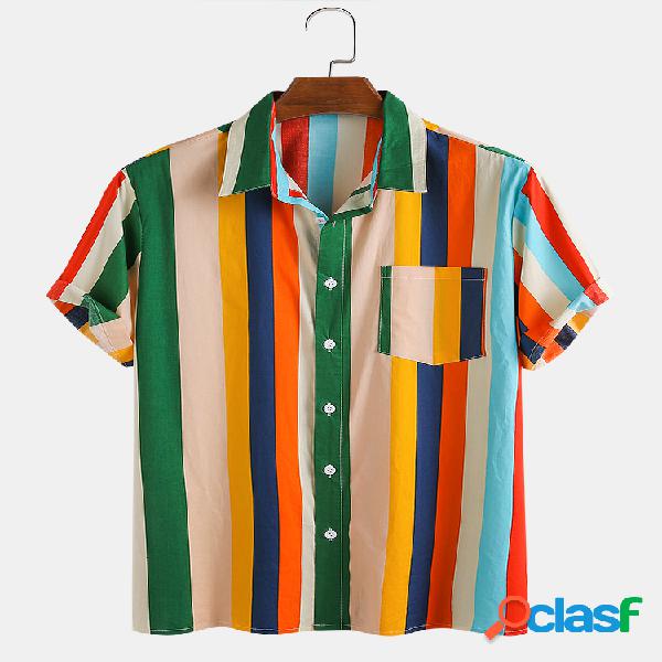 Homens 100% Algodão Colorful Listrado Holiday Casual Camisa