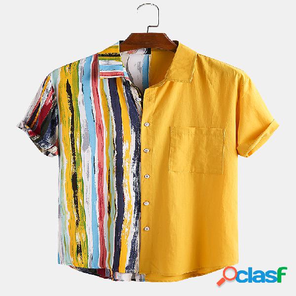 Homens 100% Algodão Cor Tarja Patchwork Holiday Casual Hem