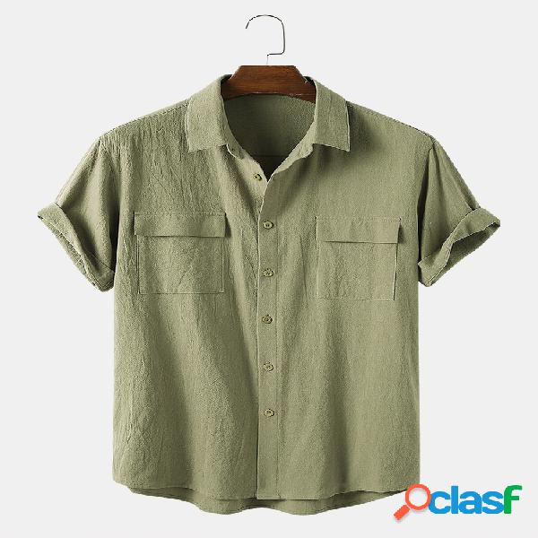 Homens 100% Algodão Cor sólida Bolso duplo Casual Camisa