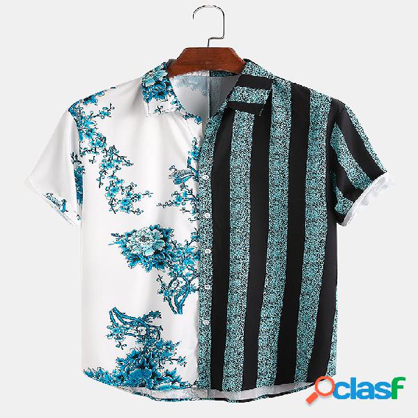 Homens 100% Algodão Floral e Listrado Patchwork Férias