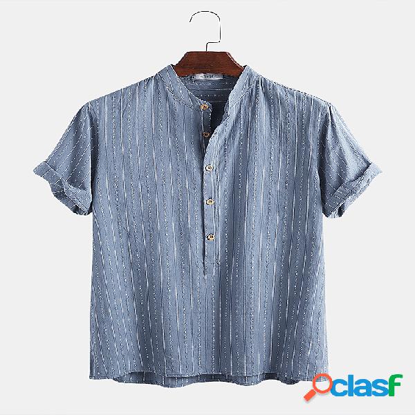 Homens 100% Algodão Listrado Plain Gola Casual Manga Curta