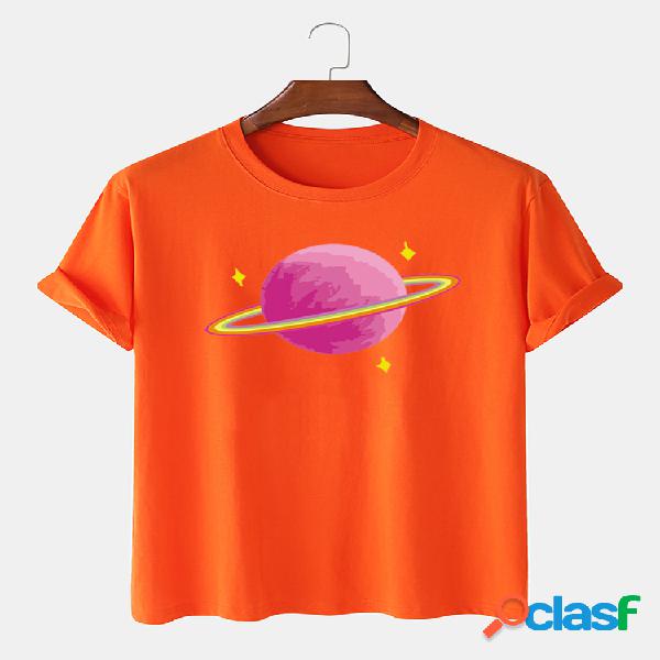 Homens 100% algodão Rosa Planet Printed Casual T-Shirt