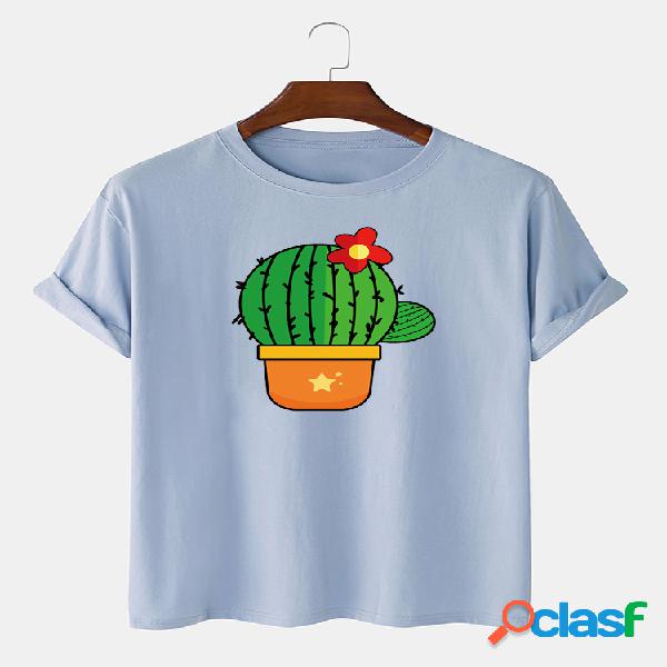 Homens 100% algodão cacto impresso t-shirt casual