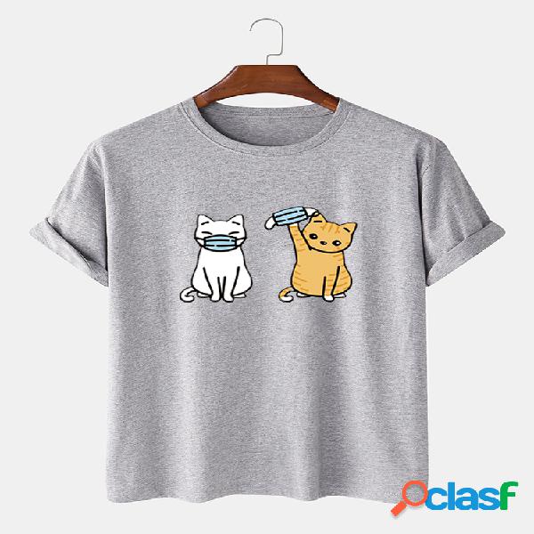 Homens 100% algodão divertido gato impresso t-shirt casual