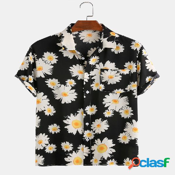 Homens Basic Small Daisy Print Chest Pocket Holiday Casual