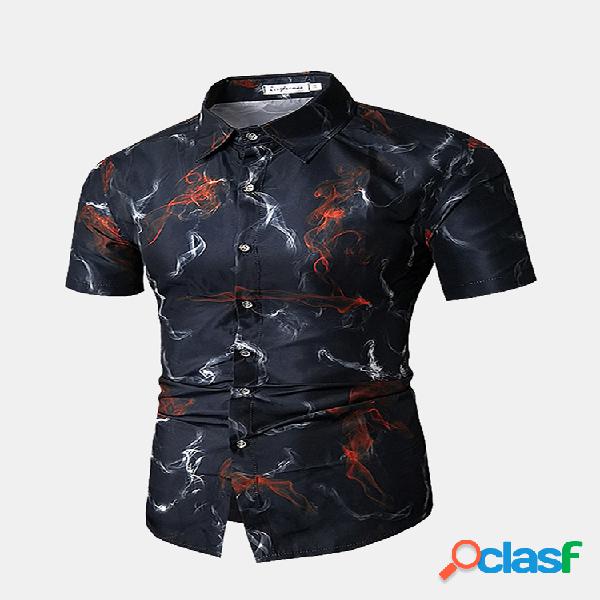 Homens Black Casual Smoke Printing Slim Fit Camisas de manga