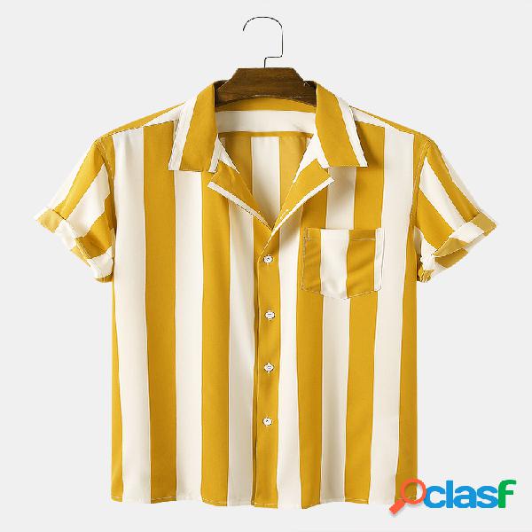 Homens Casual listrado Turn-down Collar manga curta Camisa