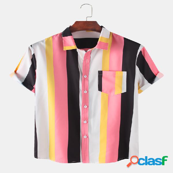 Homens Colorful Listrado Impresso Casual Slim Camisa
