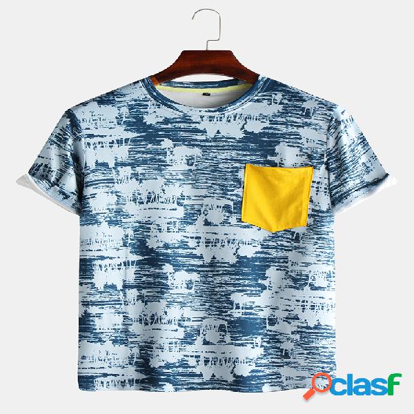 Homens Cotton Hit Color Pocket Print T-shirt de manga curta