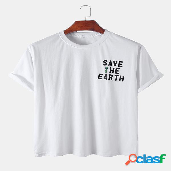 Homens Cotton Save The Earth Imprimir Casual Home T-Shirt