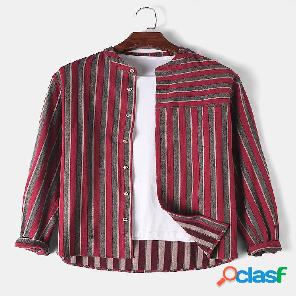 Homens Cotton Stripe Splicing Casual Manga comprida Camisa